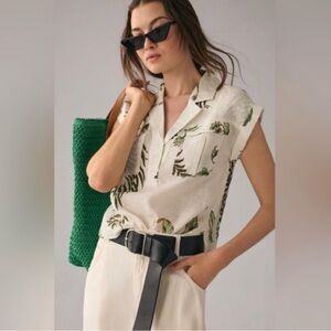 By Anthropologie Women’s 100% Linen Botanical Leaf Print Shirt WhiteGreen Size M